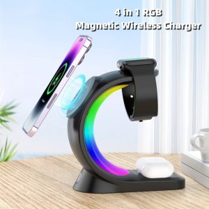 Chargeur Sans Fil Magnétique 4 en 1 – Station de Recharge Rapide pour Smartphone, AirPods et Montre Connectée