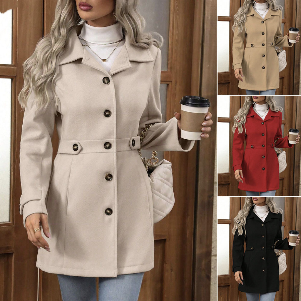 Manteau élégant pour femme en laine — veste mi-longue à boutons, col à revers, style chic et professionnel, parfait pour un look raffiné et moderne.