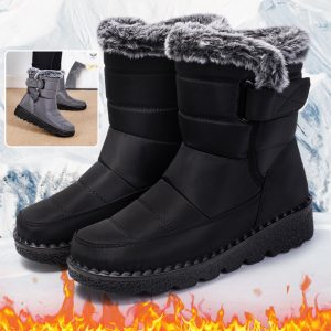 Bottes de neige d’hiver pour femme — Chaudes, imperméables, avec fermeture à scratch, doublure en peluche, talons bas et semelle plateforme, hauteur cheville.
