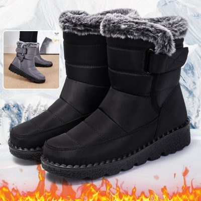 Bottes de neige d’hiver pour femme — Chaudes, imperméables, avec fermeture à scratch, doublure en peluche, talons bas et semelle plateforme, hauteur cheville.