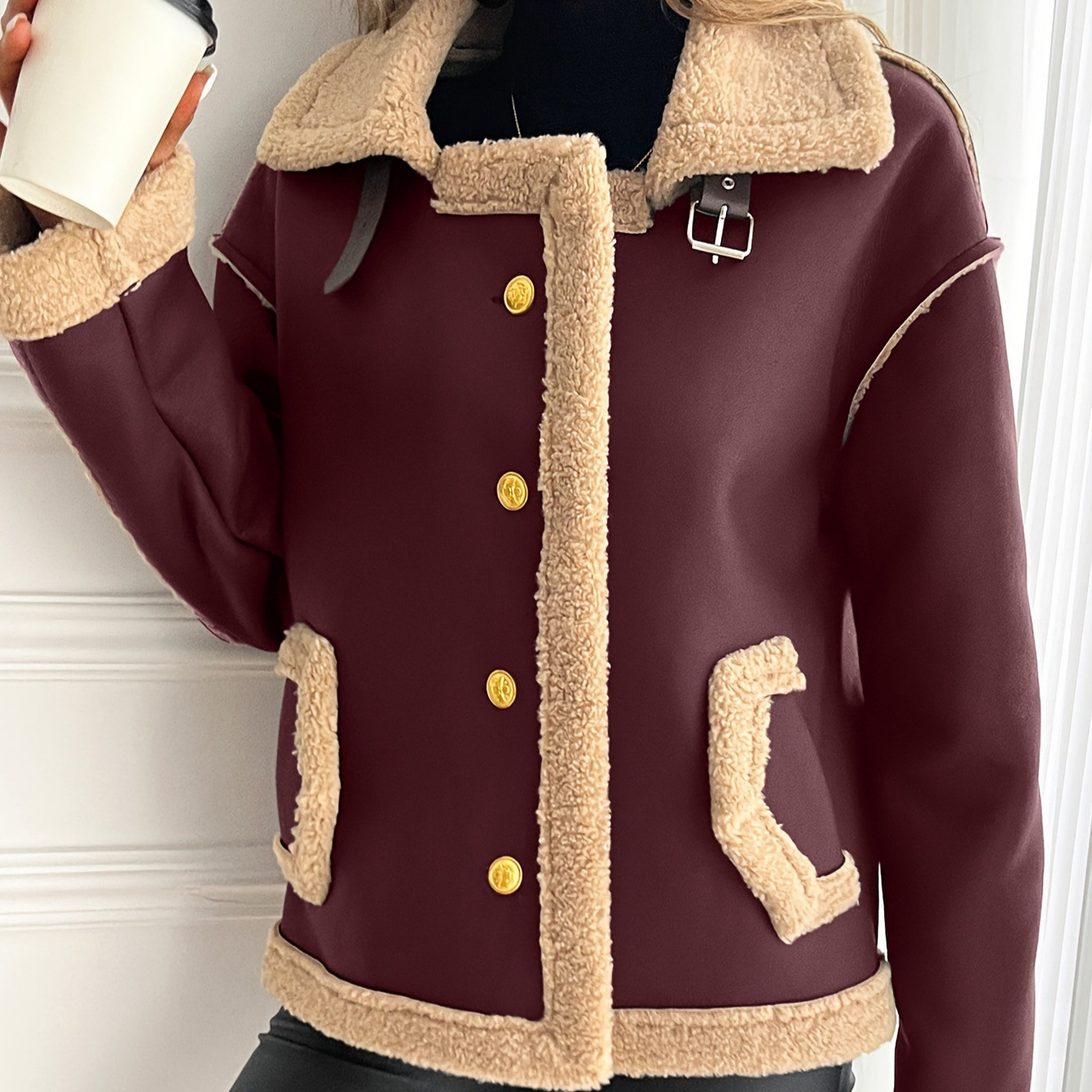 Manteau épais pour femme en laine d’agneau, style motard – Image 3