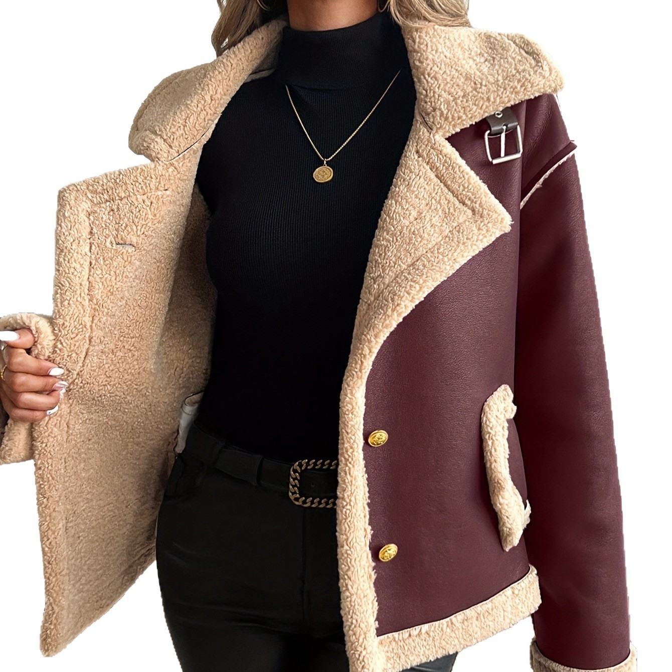 Manteau épais pour femme en laine d’agneau, style motard – Image 8
