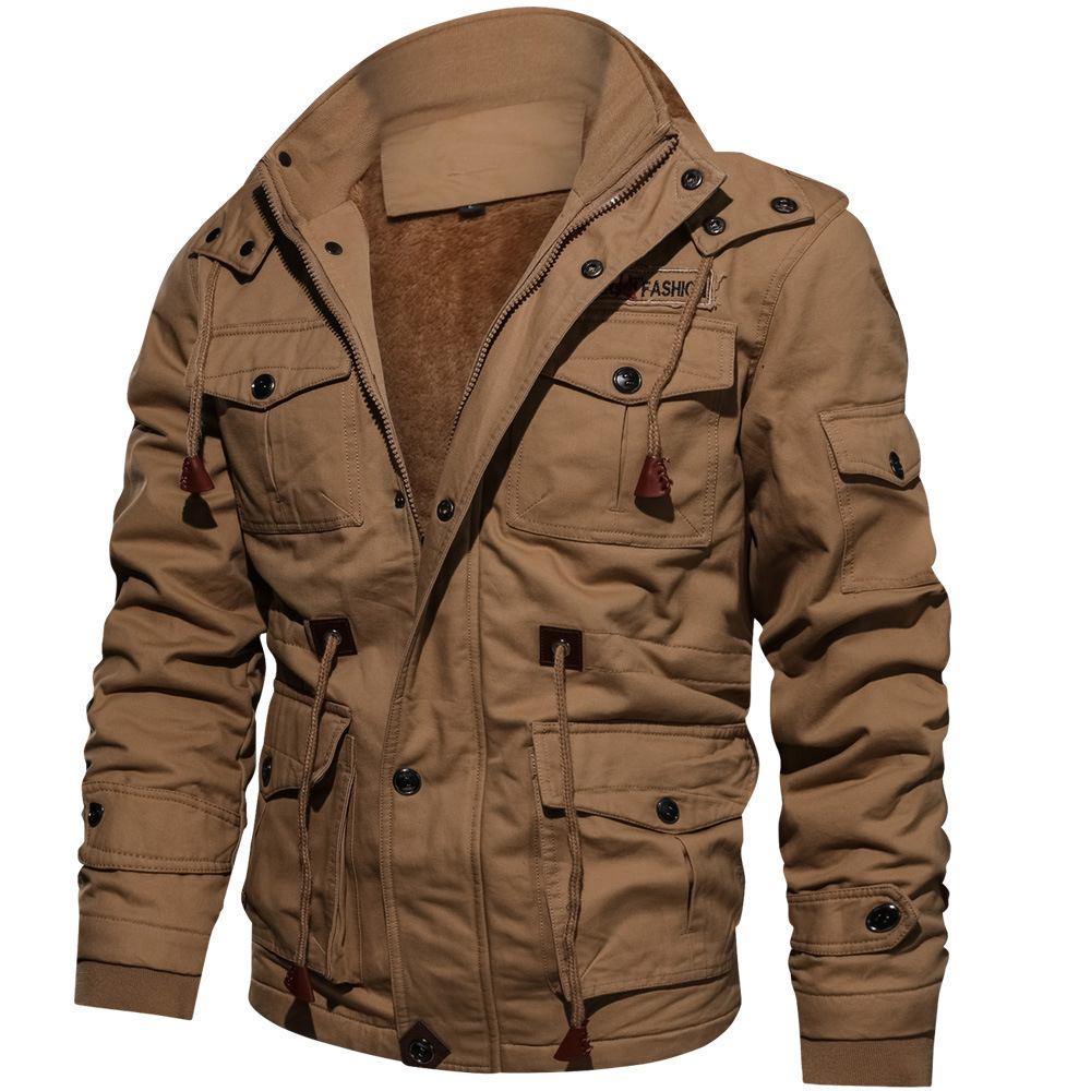 Veste d’hiver zippée chaude et épaisse pour homme — avec capuche amovible, plusieurs poches, boutons, cordon de serrage et manches longues. Style cargo confortable et résistant. – Image 8