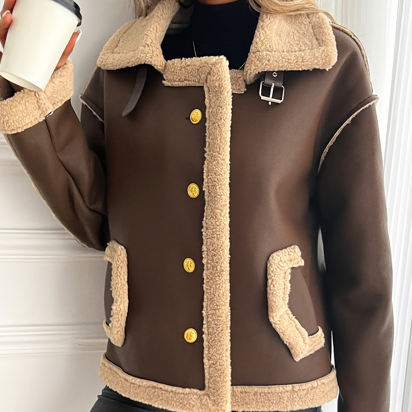 Manteau épais pour femme en laine d’agneau, style motard