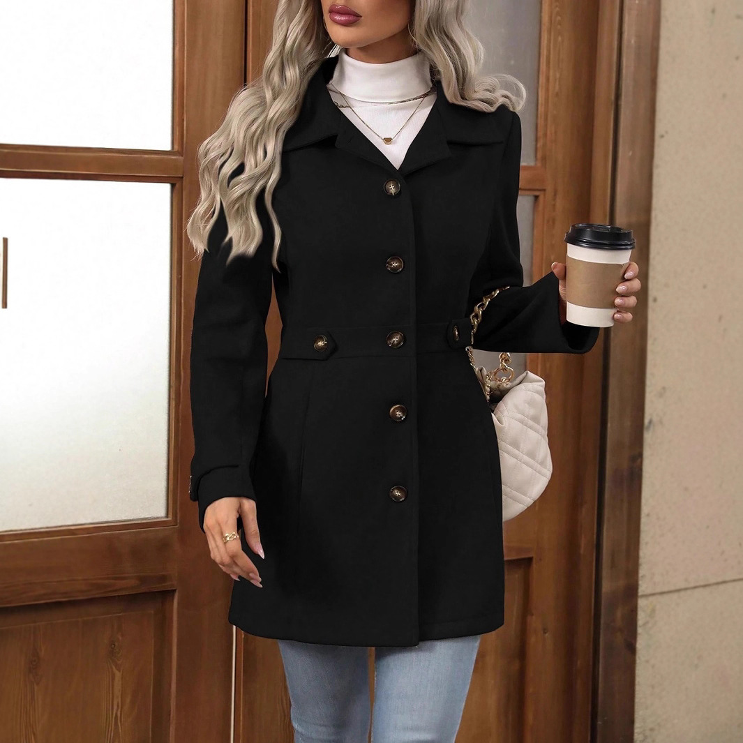 Manteau élégant pour femme en laine — veste mi-longue à boutons, col à revers, style chic et professionnel, parfait pour un look raffiné et moderne. – Image 10